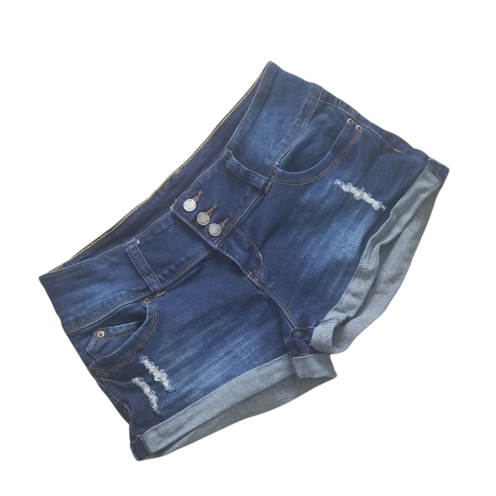 YMI Wannabettabutt? Size 9 Distressed Cuffed Dark Wash Mid Rise Jeans Shorts.
